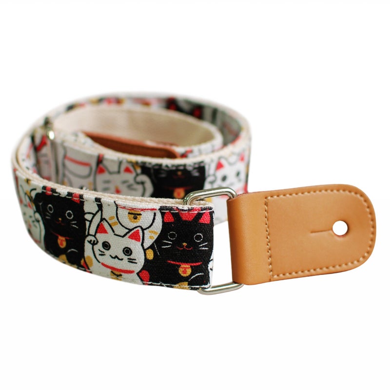 MUSIC FIRST Original Design â€œFortune Cats (Maneki Neko)â€ Soft Canvas & Genuine Leather Ukulele Strap Ukulele Shoulder Strap - Image 1
